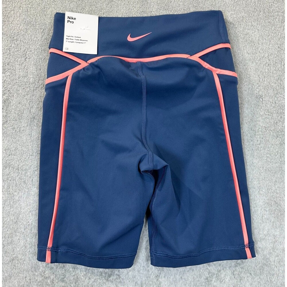 Nike Pro Dri-FIT Compression Shorts Women XXS Blue Pink Trim Mid Rise 7” NWT !!